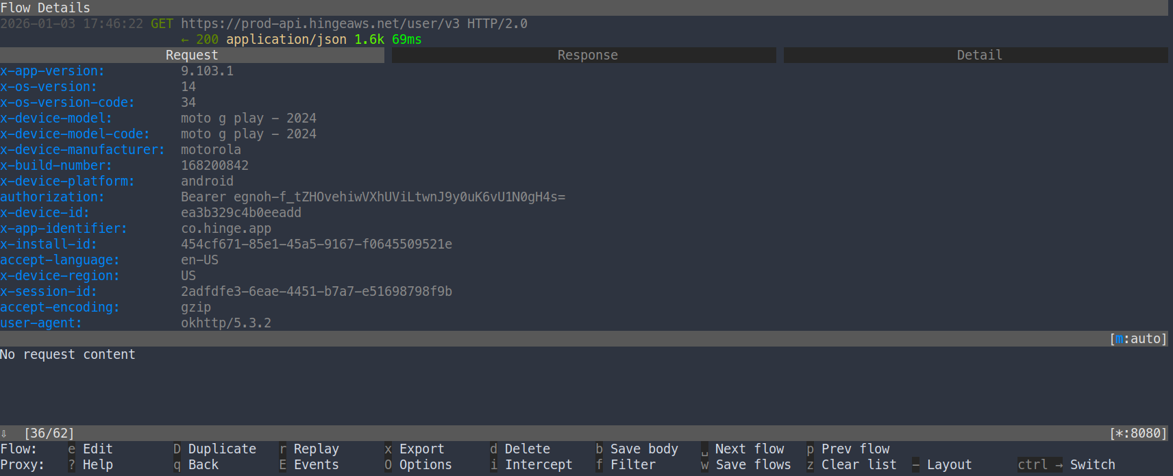 mitmproxy TUI view of request details