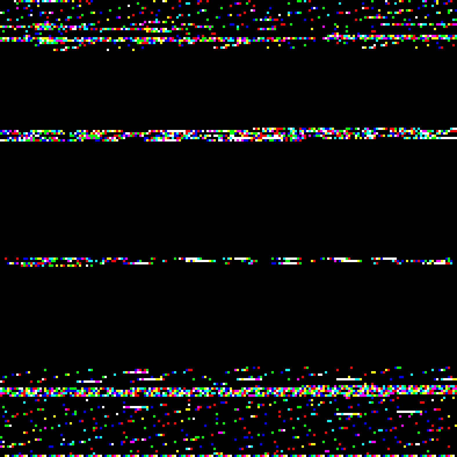 A bunch of colorful pixels on a black background that visually encodes our binary