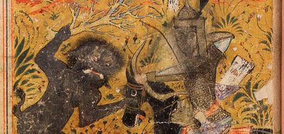 Faramarz kills the king of demons (jinns), from the Shah Nameh, 10th century Persian epic of the Kings